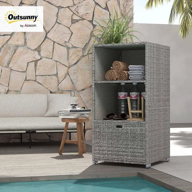 Alt view image 2 of 7 - Valet Pool Towel Rack Waterproof Hot Tub Organizer Dark Gray | PE Plastic Rattan Wicker, Indoor Outdoor Spa Accessory Storage, 2 Shelves, 6 Basket Drawer