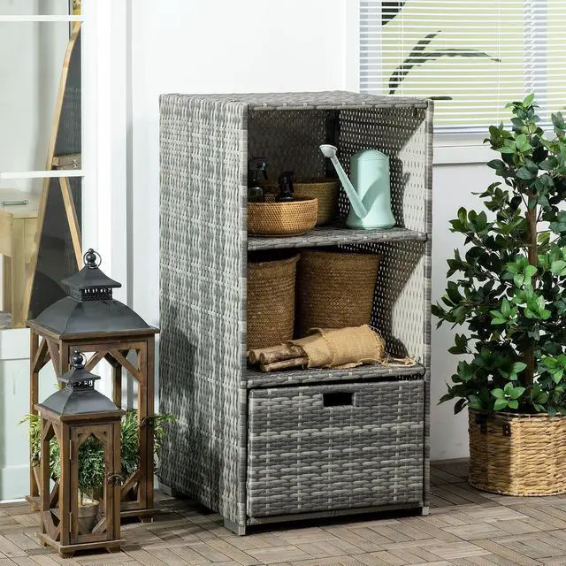 Alt view image 2 of 7 - Valet Pool Towel Rack Waterproof Hot Tub Organizer Gray | PE Plastic Rattan Wicker, Indoor Outdoor Spa Accessory Storage, 2 Shelves, 1 Basket Drawer
