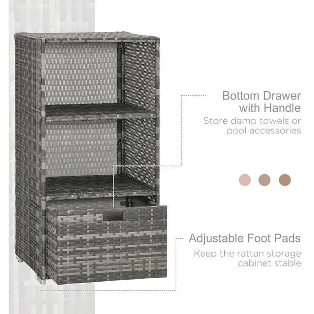 Alt view image 6 of 7 - Valet Pool Towel Rack Waterproof Hot Tub Organizer Gray | PE Plastic Rattan Wicker, Indoor Outdoor Spa Accessory Storage, 2 Shelves, 1 Basket Drawer