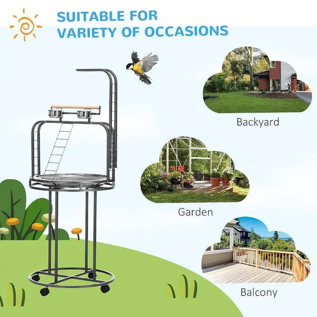 Alt view image 3 of 7 - PawHut Parrot Stand Large Bird Perch Stand with Toy Hook & 3 Ladders, Parrot Perch with Easy Grip, Bird Wooden Stand, Gray | Parrot Perch with Easy Grip, Bird Wooden Stand