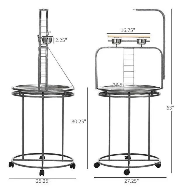 Alt view image 7 of 7 - PawHut Parrot Stand Large Bird Perch Stand with Toy Hook & 3 Ladders, Parrot Perch with Easy Grip, Bird Wooden Stand, Gray | Parrot Perch with Easy Grip, Bird Wooden Stand