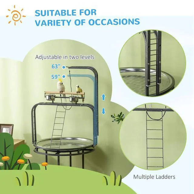 Alt view image 6 of 7 - PawHut Parrot Stand Large Bird Perch Stand with Toy Hook & 3 Ladders, Parrot Perch with Easy Grip, Bird Wooden Stand, Gray | Parrot Perch with Easy Grip, Bird Wooden Stand