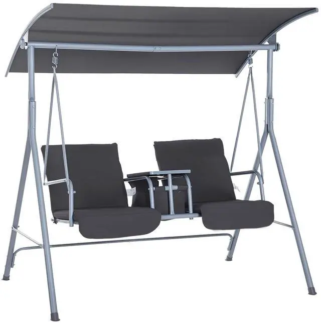 Main image of 2 Person Porch Swing with Stand Canopy Outdoor Swing Gray | Pivot Storage Table, 2 Cup Holders, Cushions, for Patio, Backyard