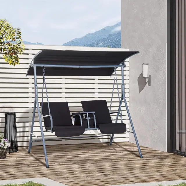 Alt view image 2 of 7 - 2 Person Porch Swing with Stand Canopy Outdoor Swing Gray | Pivot Storage Table, 2 Cup Holders, Cushions, for Patio, Backyard