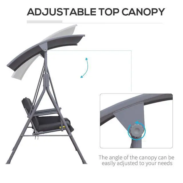 Alt view image 3 of 7 - 2 Person Porch Swing with Stand Canopy Outdoor Swing Gray | Pivot Storage Table, 2 Cup Holders, Cushions, for Patio, Backyard