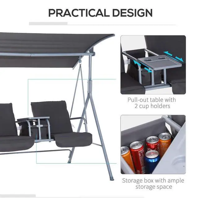 Alt view image 4 of 7 - 2 Person Porch Swing with Stand Canopy Outdoor Swing Gray | Pivot Storage Table, 2 Cup Holders, Cushions, for Patio, Backyard