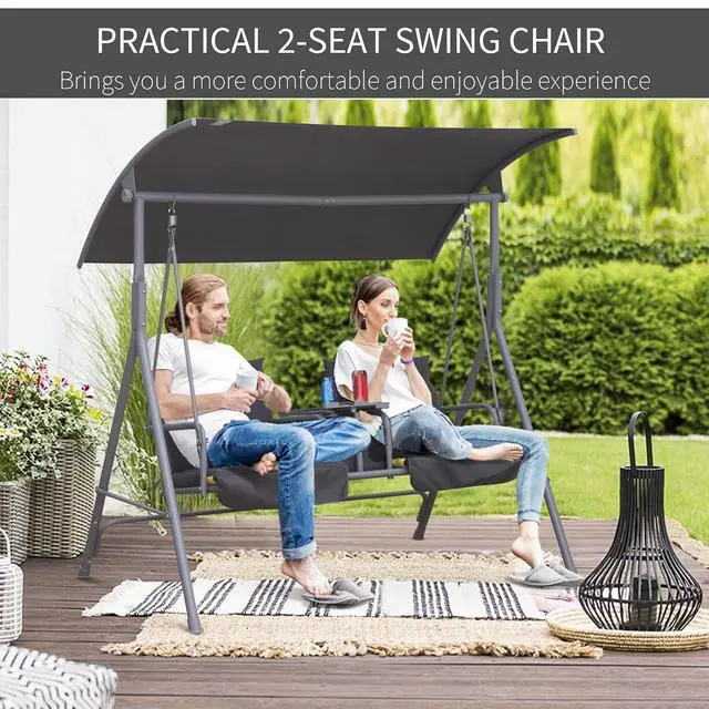 Alt view image 6 of 7 - 2 Person Porch Swing with Stand Canopy Outdoor Swing Gray | Pivot Storage Table, 2 Cup Holders, Cushions, for Patio, Backyard