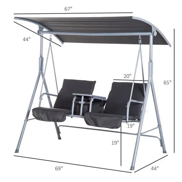 Alt view image 7 of 7 - 2 Person Porch Swing with Stand Canopy Outdoor Swing Gray | Pivot Storage Table, 2 Cup Holders, Cushions, for Patio, Backyard