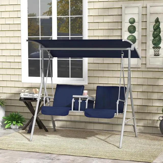 Alt view image 2 of 7 - 2 Person Porch Swing with Stand Canopy Outdoor Swing Dark Blue | Pivot Storage Table, 2 Cup Holders, Cushions, for Patio, Backyard