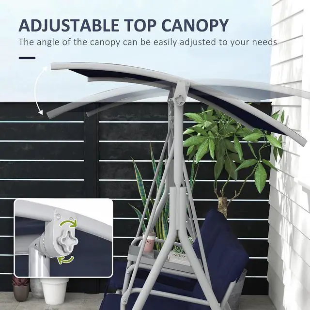 Alt view image 3 of 7 - 2 Person Porch Swing with Stand Canopy Outdoor Swing Dark Blue | Pivot Storage Table, 2 Cup Holders, Cushions, for Patio, Backyard