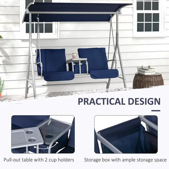 Alt view image 4 of 7 - 2 Person Porch Swing with Stand Canopy Outdoor Swing Dark Blue | Pivot Storage Table, 2 Cup Holders, Cushions, for Patio, Backyard