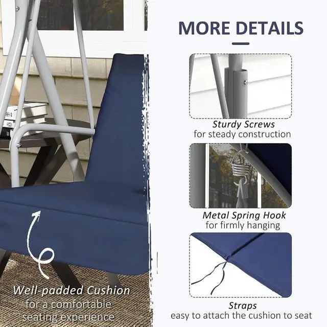 Alt view image 5 of 7 - 2 Person Porch Swing with Stand Canopy Outdoor Swing Dark Blue | Pivot Storage Table, 2 Cup Holders, Cushions, for Patio, Backyard