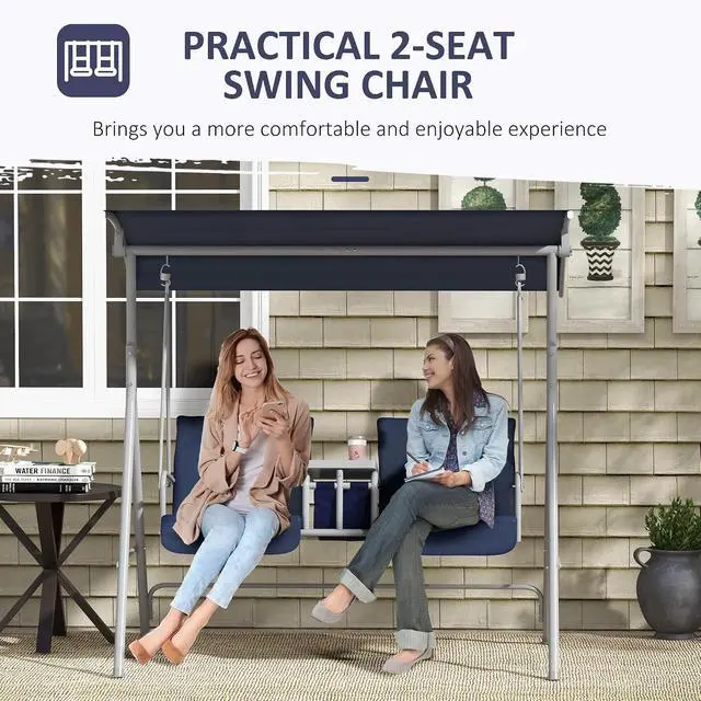 Alt view image 6 of 7 - 2 Person Porch Swing with Stand Canopy Outdoor Swing Dark Blue | Pivot Storage Table, 2 Cup Holders, Cushions, for Patio, Backyard