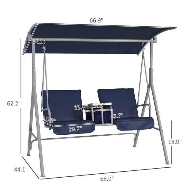Alt view image 7 of 7 - 2 Person Porch Swing with Stand Canopy Outdoor Swing Dark Blue | Pivot Storage Table, 2 Cup Holders, Cushions, for Patio, Backyard