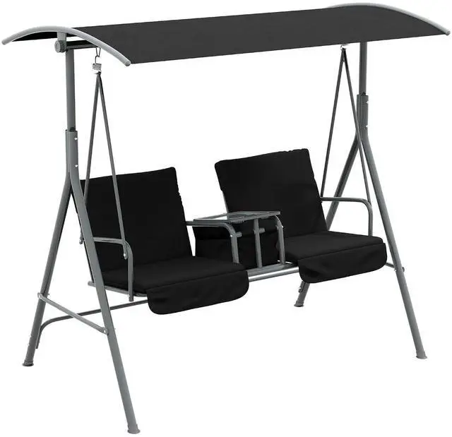 Main image of 2 Person Porch Swing with Stand Canopy Outdoor Swing Black | Pivot Storage Table, 2 Cup Holders, Cushions, for Patio, Backyard