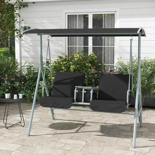 Alt view image 2 of 7 - 2 Person Porch Swing with Stand Canopy Outdoor Swing Black | Pivot Storage Table, 2 Cup Holders, Cushions, for Patio, Backyard