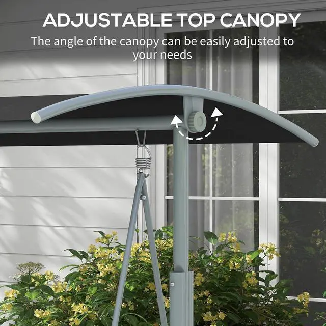 Alt view image 3 of 7 - 2 Person Porch Swing with Stand Canopy Outdoor Swing Black | Pivot Storage Table, 2 Cup Holders, Cushions, for Patio, Backyard