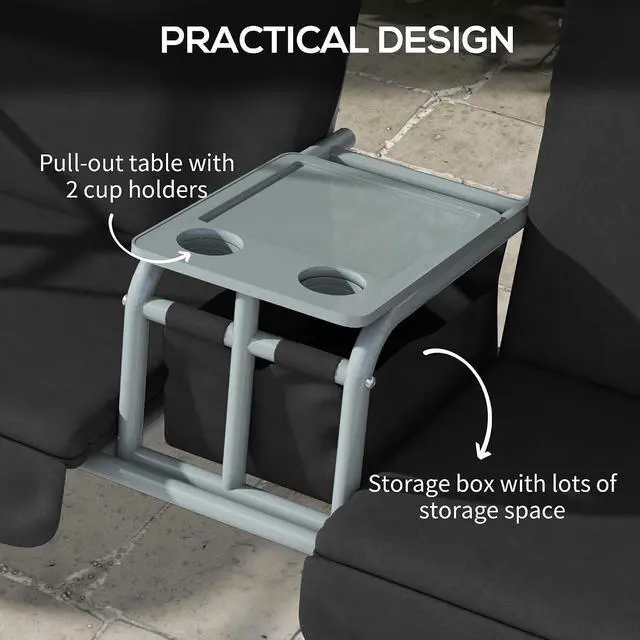 Alt view image 4 of 7 - 2 Person Porch Swing with Stand Canopy Outdoor Swing Black | Pivot Storage Table, 2 Cup Holders, Cushions, for Patio, Backyard