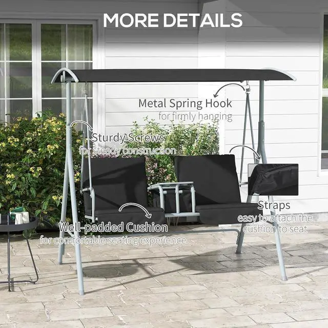 Alt view image 5 of 7 - 2 Person Porch Swing with Stand Canopy Outdoor Swing Black | Pivot Storage Table, 2 Cup Holders, Cushions, for Patio, Backyard