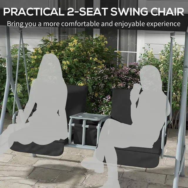 Alt view image 6 of 7 - 2 Person Porch Swing with Stand Canopy Outdoor Swing Black | Pivot Storage Table, 2 Cup Holders, Cushions, for Patio, Backyard