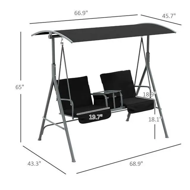 Alt view image 7 of 7 - 2 Person Porch Swing with Stand Canopy Outdoor Swing Black | Pivot Storage Table, 2 Cup Holders, Cushions, for Patio, Backyard