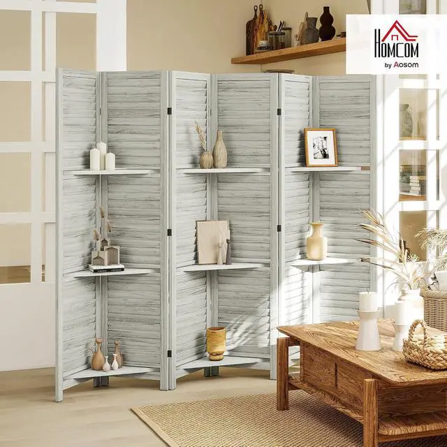 Alt view image 2 of 7 - Room Divider with Shelves 6 Panel 67" Wood Screen Distressed White | 3 Display Shelves, Folding Storage, for Bedroom or Home Office