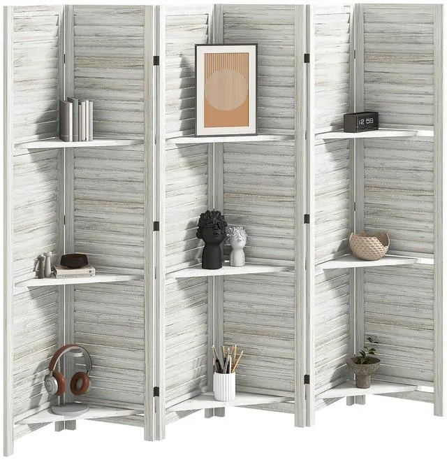 Main image of Room Divider with Shelves 6 Panel 67" Wood Screen Distressed White | 3 Display Shelves, Folding Storage, for Bedroom or Home Office