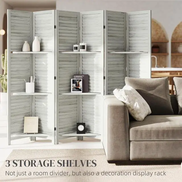Alt view image 3 of 7 - Room Divider with Shelves 6 Panel 67" Wood Screen Distressed White | 3 Display Shelves, Folding Storage, for Bedroom or Home Office