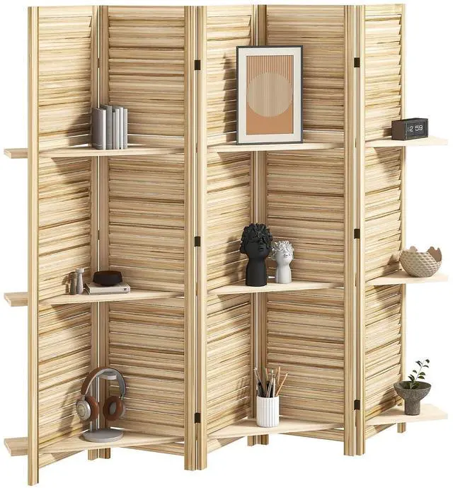 Main image of Room Divider with Shelves, 5 Panel, 67" Tall, Natural Wood | Wood Privacy Screen, 3 Display Shelves, Folding Storage, Bedroom or Home Office