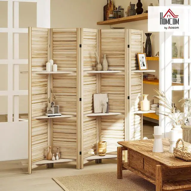 Alt view image 2 of 7 - Room Divider with Shelves, 5 Panel, 67" Tall, Natural Wood | Wood Privacy Screen, 3 Display Shelves, Folding Storage, Bedroom or Home Office
