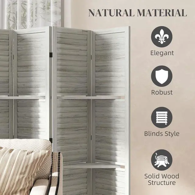 Alt view image 5 of 7 - Room Divider with Shelves 6 Panel 67" Wood Screen Distressed White | 3 Display Shelves, Folding Storage, for Bedroom or Home Office