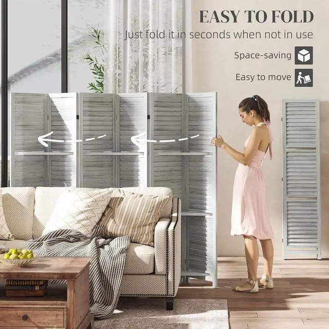 Alt view image 4 of 7 - Room Divider with Shelves 6 Panel 67" Wood Screen Distressed White | 3 Display Shelves, Folding Storage, for Bedroom or Home Office