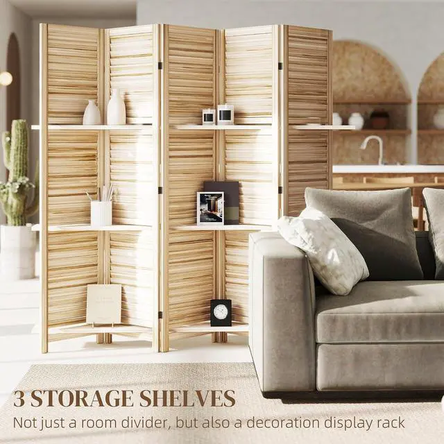 Alt view image 3 of 7 - Room Divider with Shelves, 5 Panel, 67" Tall, Natural Wood | Wood Privacy Screen, 3 Display Shelves, Folding Storage, Bedroom or Home Office