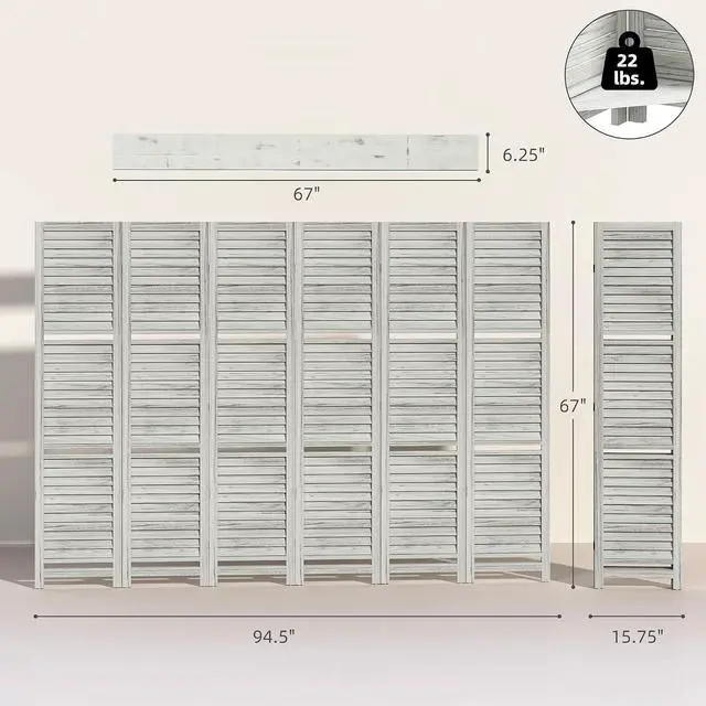 Alt view image 7 of 7 - Room Divider with Shelves 6 Panel 67" Wood Screen Distressed White | 3 Display Shelves, Folding Storage, for Bedroom or Home Office