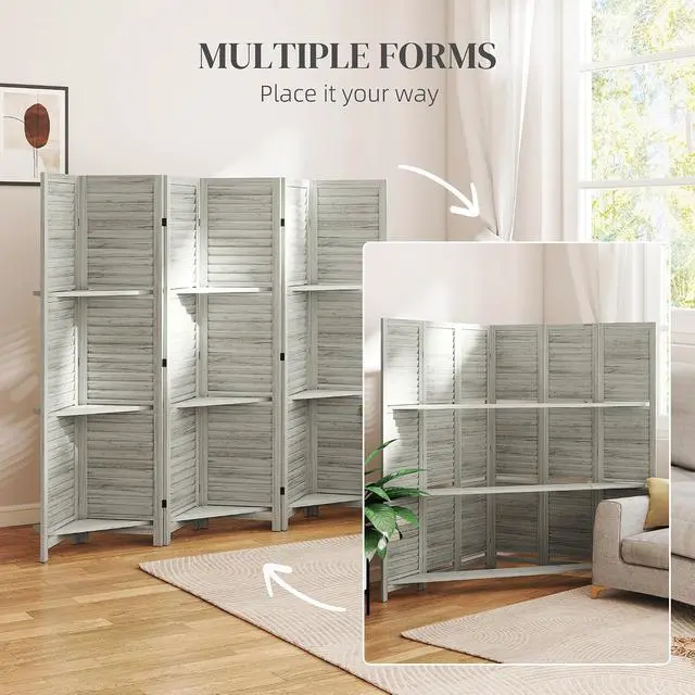 Alt view image 6 of 7 - Room Divider with Shelves 6 Panel 67" Wood Screen Distressed White | 3 Display Shelves, Folding Storage, for Bedroom or Home Office