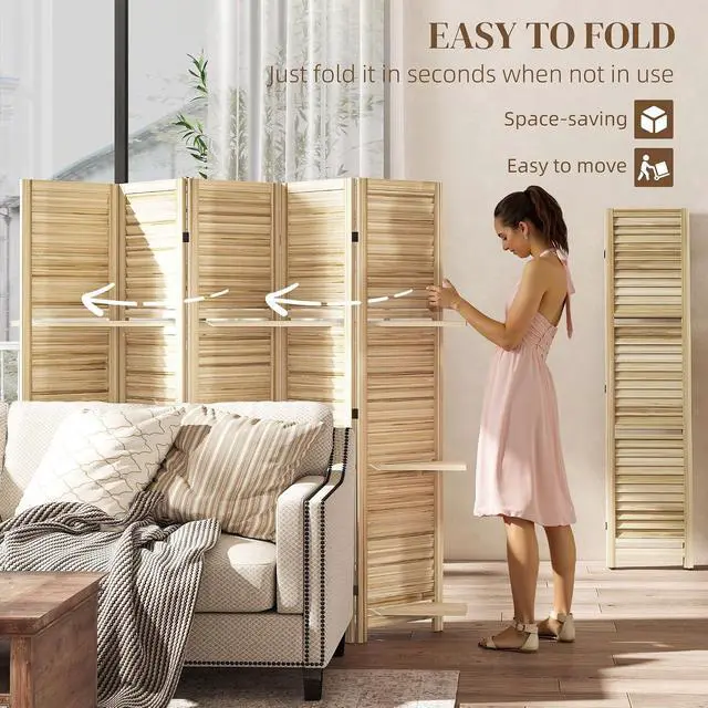Alt view image 4 of 7 - Room Divider with Shelves, 5 Panel, 67" Tall, Natural Wood | Wood Privacy Screen, 3 Display Shelves, Folding Storage, Bedroom or Home Office
