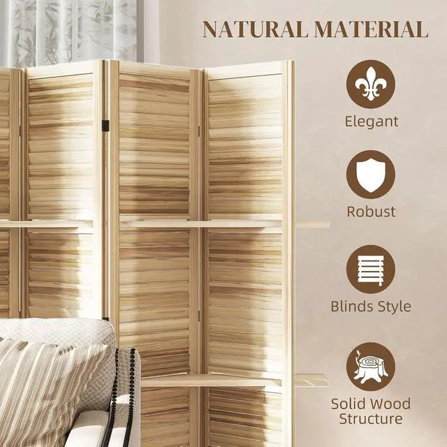 Alt view image 5 of 7 - Room Divider with Shelves, 5 Panel, 67" Tall, Natural Wood | Wood Privacy Screen, 3 Display Shelves, Folding Storage, Bedroom or Home Office