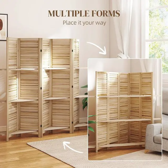 Alt view image 6 of 7 - Room Divider with Shelves, 5 Panel, 67" Tall, Natural Wood | Wood Privacy Screen, 3 Display Shelves, Folding Storage, Bedroom or Home Office