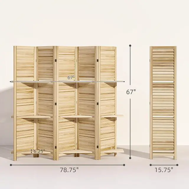 Alt view image 7 of 7 - Room Divider with Shelves, 5 Panel, 67" Tall, Natural Wood | Wood Privacy Screen, 3 Display Shelves, Folding Storage, Bedroom or Home Office
