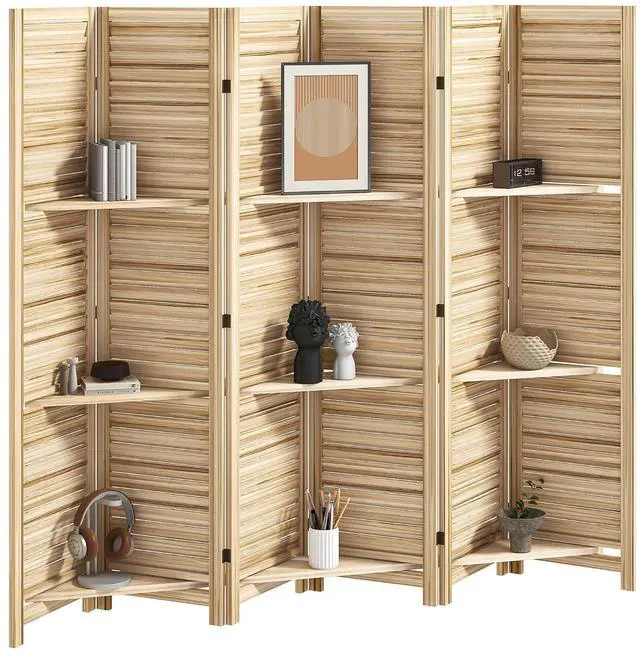 Main image of Room Divider with Shelves, 6 Panel, 67" Tall, Natural Wood | Wood Privacy Screen, 3 Display Shelves, Folding Storage, Bedroom or Home Office