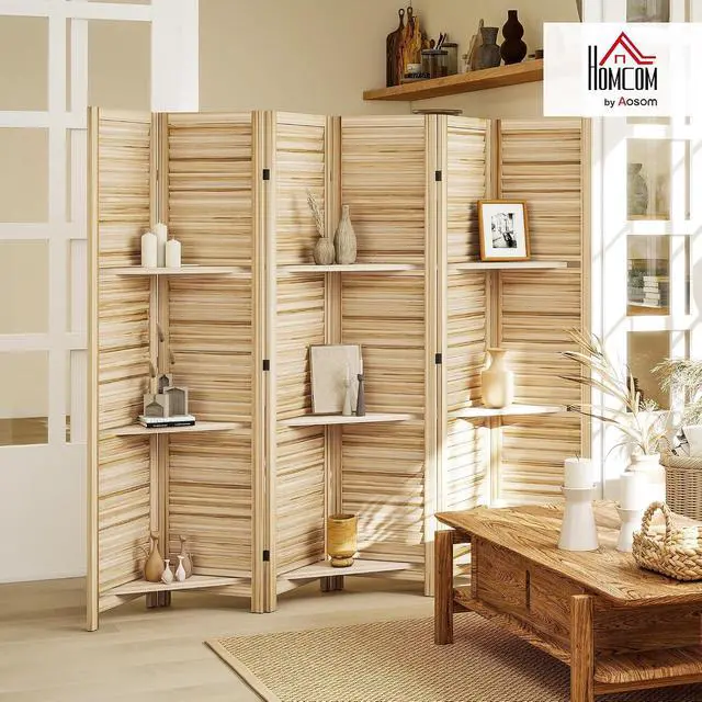Alt view image 2 of 7 - Room Divider with Shelves, 6 Panel, 67" Tall, Natural Wood | Wood Privacy Screen, 3 Display Shelves, Folding Storage, Bedroom or Home Office