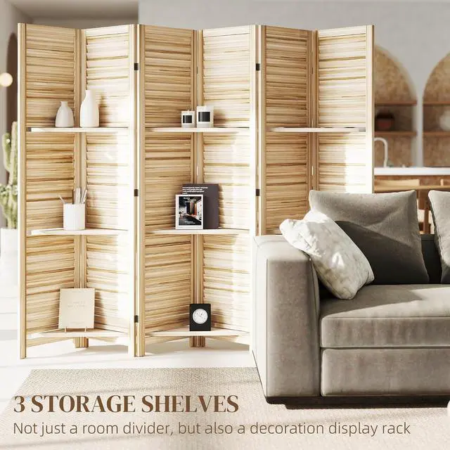 Alt view image 3 of 7 - Room Divider with Shelves, 6 Panel, 67" Tall, Natural Wood | Wood Privacy Screen, 3 Display Shelves, Folding Storage, Bedroom or Home Office