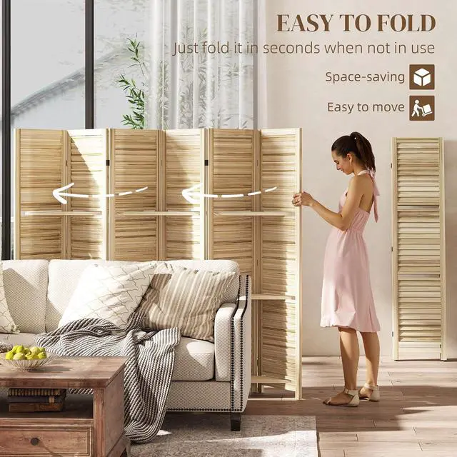 Alt view image 4 of 7 - Room Divider with Shelves, 6 Panel, 67" Tall, Natural Wood | Wood Privacy Screen, 3 Display Shelves, Folding Storage, Bedroom or Home Office