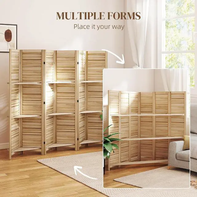 Alt view image 6 of 7 - Room Divider with Shelves, 6 Panel, 67" Tall, Natural Wood | Wood Privacy Screen, 3 Display Shelves, Folding Storage, Bedroom or Home Office