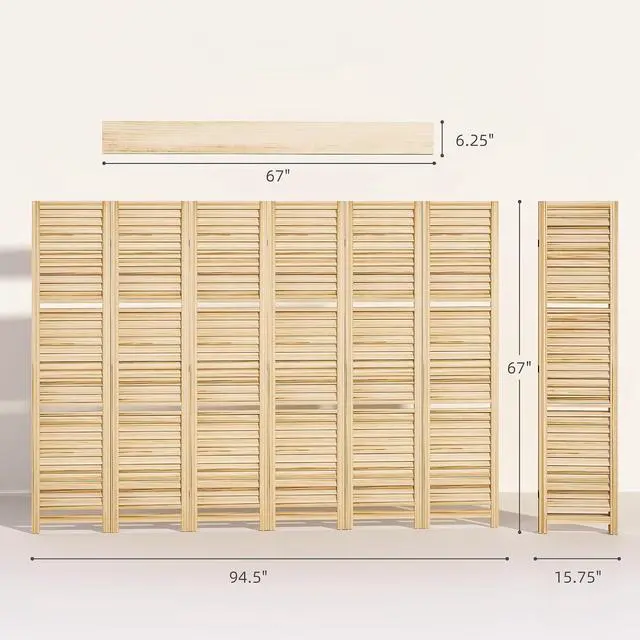 Alt view image 7 of 7 - Room Divider with Shelves, 6 Panel, 67" Tall, Natural Wood | Wood Privacy Screen, 3 Display Shelves, Folding Storage, Bedroom or Home Office