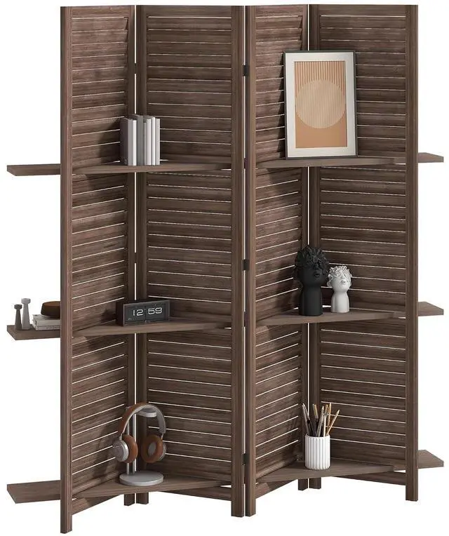 Main image of Room Divider with Shelves, 4 Panel, 67" Tall, Walnut | Wood Privacy Screen, 3 Display Shelves, Folding Storage, Bedroom or Home Office