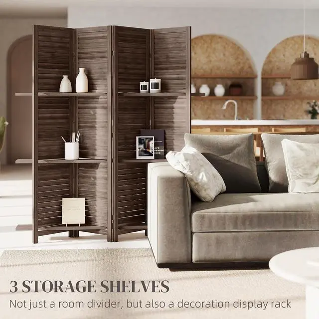 Alt view image 3 of 7 - Room Divider with Shelves, 4 Panel, 67" Tall, Walnut | Wood Privacy Screen, 3 Display Shelves, Folding Storage, Bedroom or Home Office