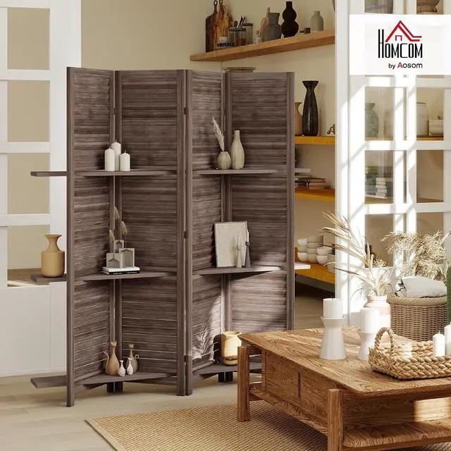 Alt view image 2 of 7 - Room Divider with Shelves, 4 Panel, 67" Tall, Walnut | Wood Privacy Screen, 3 Display Shelves, Folding Storage, Bedroom or Home Office