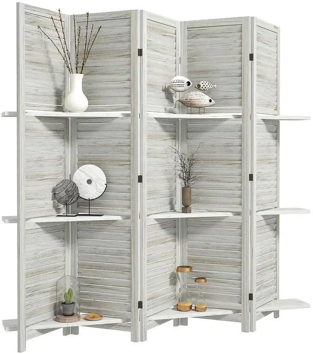 Main image of Room Divider with Shelves, 5 Panel, 67" Tall, Distressed White | Wood Privacy Screen, 3 Display Shelves, Folding Storage, Bedroom or Home Office