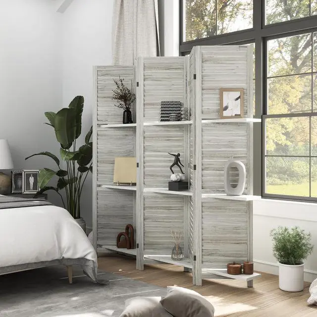 Alt view image 2 of 7 - Room Divider with Shelves, 5 Panel, 67" Tall, Distressed White | Wood Privacy Screen, 3 Display Shelves, Folding Storage, Bedroom or Home Office